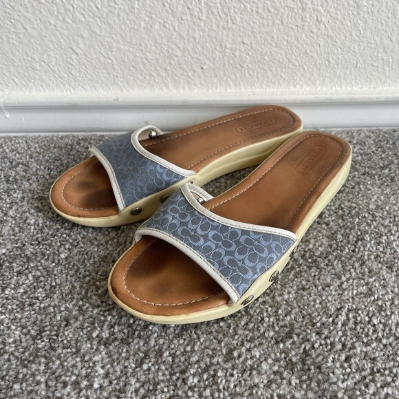 Coach Shoes - Coach Augusta Slides Womens Size 8 M Blue  Flat Sandals Leather Canvas Monogram